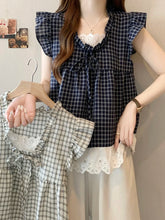 BXOXO Lace Patchwork Plaid Shirt Women Casual Loose Flying Sleeve Vintage Blouse Preppy Style Sweet Korean Lady Retro Summer Tops